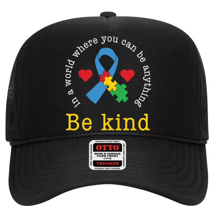 Autism Awareness Puzzle Ribbon Be Kind High Crown Mesh Trucker Hat