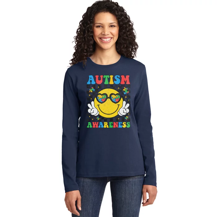 Autism Awareness Puzzle Piece Smile Face Autism Mom Dad Ladies Long Sleeve Shirt