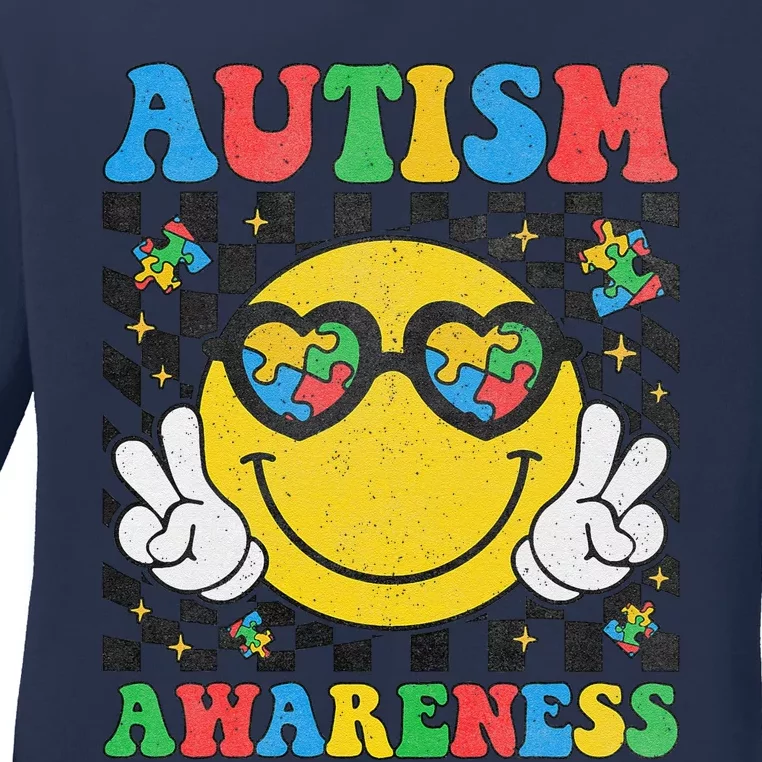 Autism Awareness Puzzle Piece Smile Face Autism Mom Dad Ladies Long Sleeve Shirt