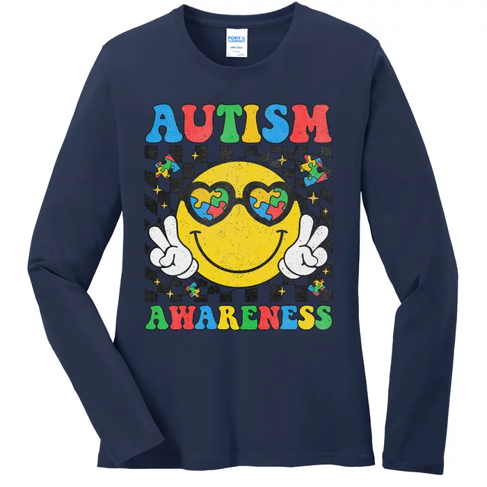 Autism Awareness Puzzle Piece Smile Face Autism Mom Dad Ladies Long Sleeve Shirt