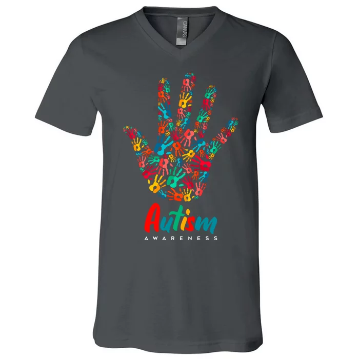 Autism Awareness Painted Hand Prints V-Neck T-Shirt