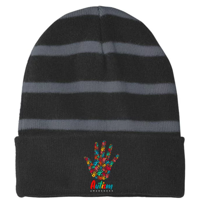 Autism Awareness Painted Hand Prints Striped Beanie with Solid Band