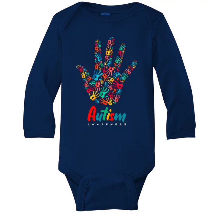 Autism Awareness Painted Hand Prints Baby Long Sleeve Bodysuit