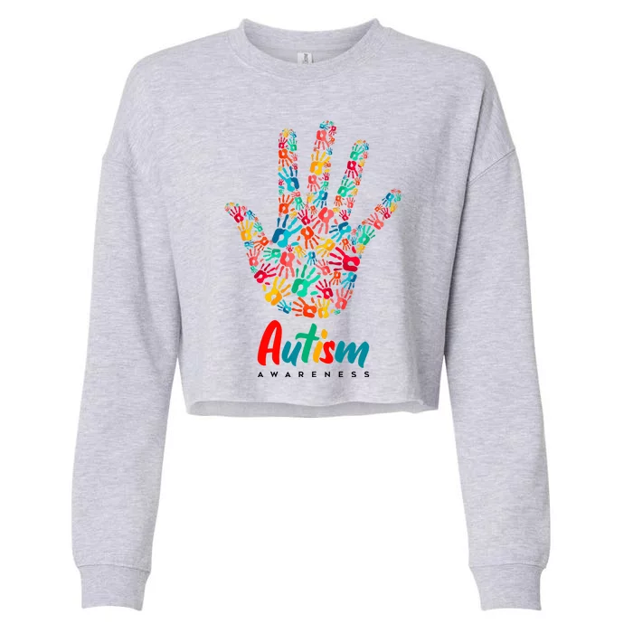 Autism Awareness Painted Hand Prints Cropped Pullover Crew