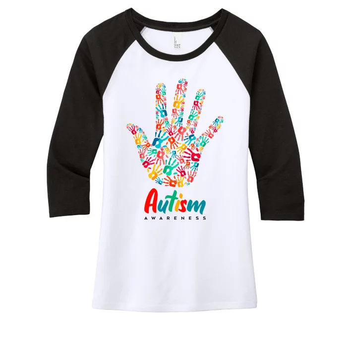 Autism Awareness Painted Hand Prints Women's Tri-Blend 3/4-Sleeve Raglan Shirt