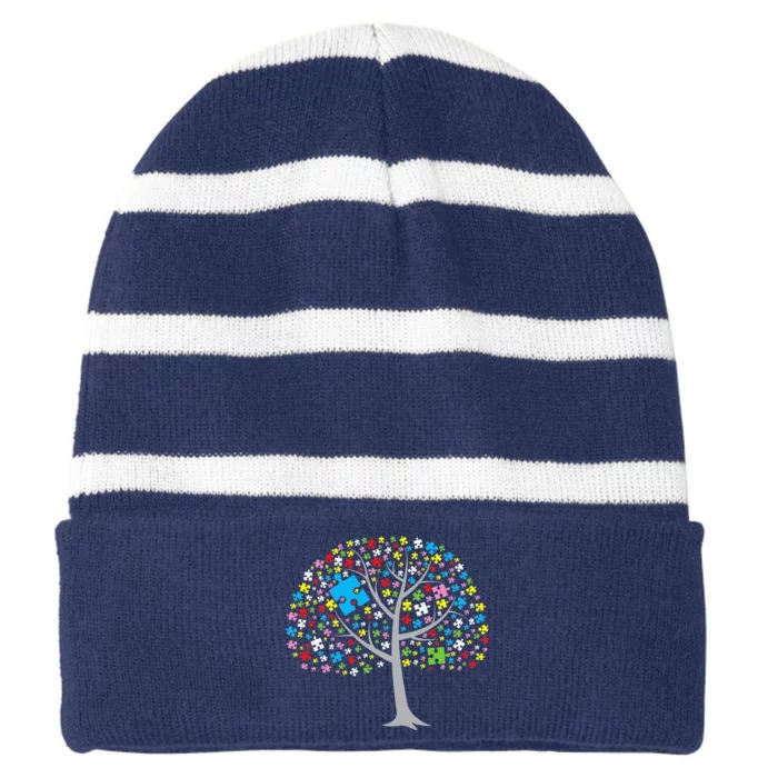 Autistic Autism Puzzle Tree Autism Striped Beanie with Solid Band