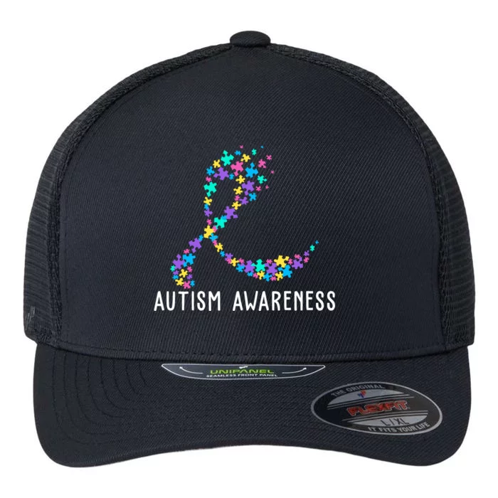 Autism Awareness Puzzle Ribbon Flexfit Unipanel Trucker Cap