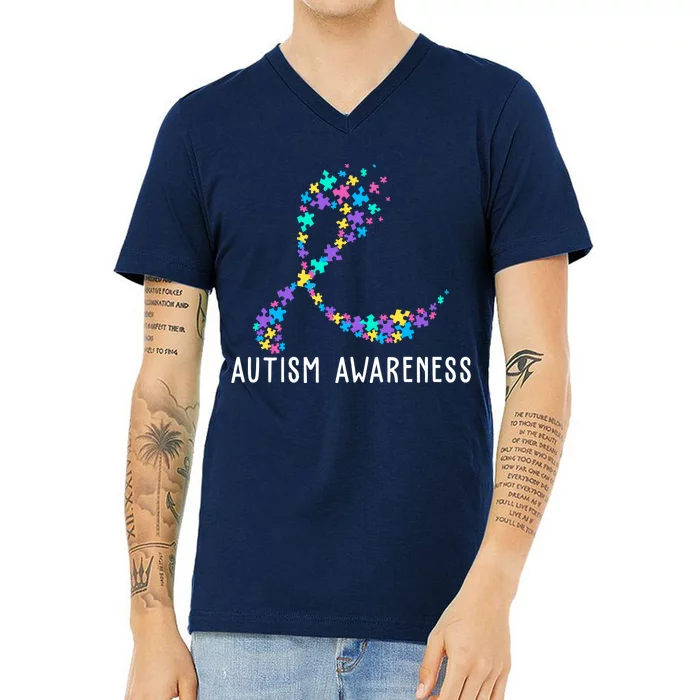 Autism Awareness Puzzle Ribbon V-Neck T-Shirt