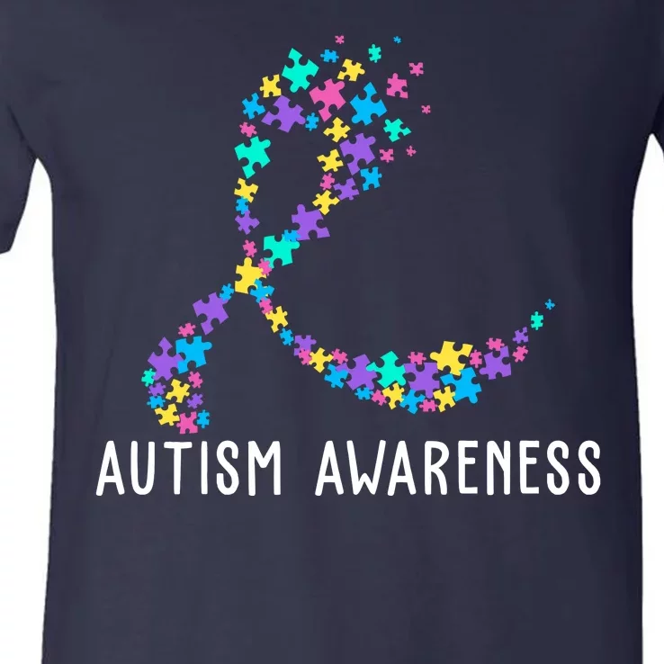 Autism Awareness Puzzle Ribbon V-Neck T-Shirt