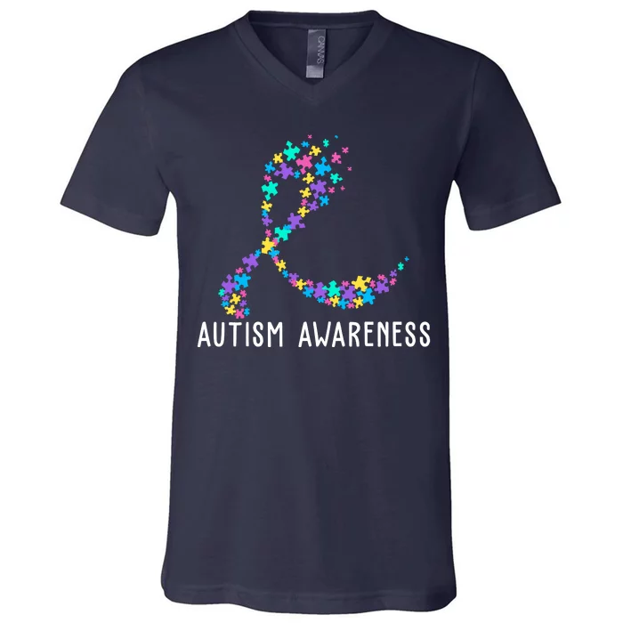 Autism Awareness Puzzle Ribbon V-Neck T-Shirt