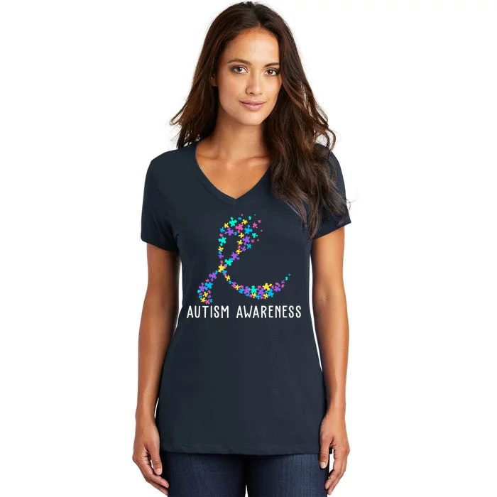 Autism Awareness Puzzle Ribbon Women's V-Neck T-Shirt