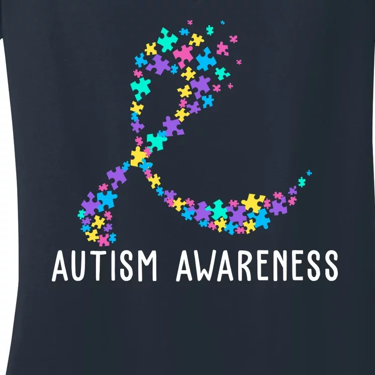 Autism Awareness Puzzle Ribbon Women's V-Neck T-Shirt