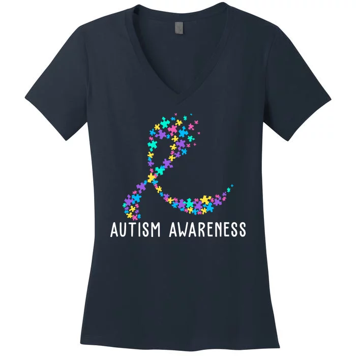 Autism Awareness Puzzle Ribbon Women's V-Neck T-Shirt