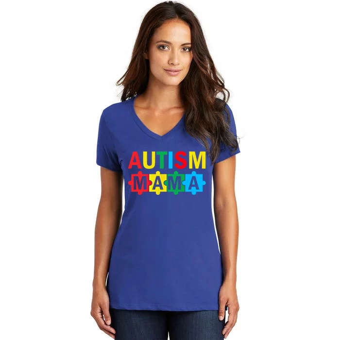 Autism Awareness Puzzle Ribbon Proud Autism Mama Funny Gift Women's V-Neck T-Shirt