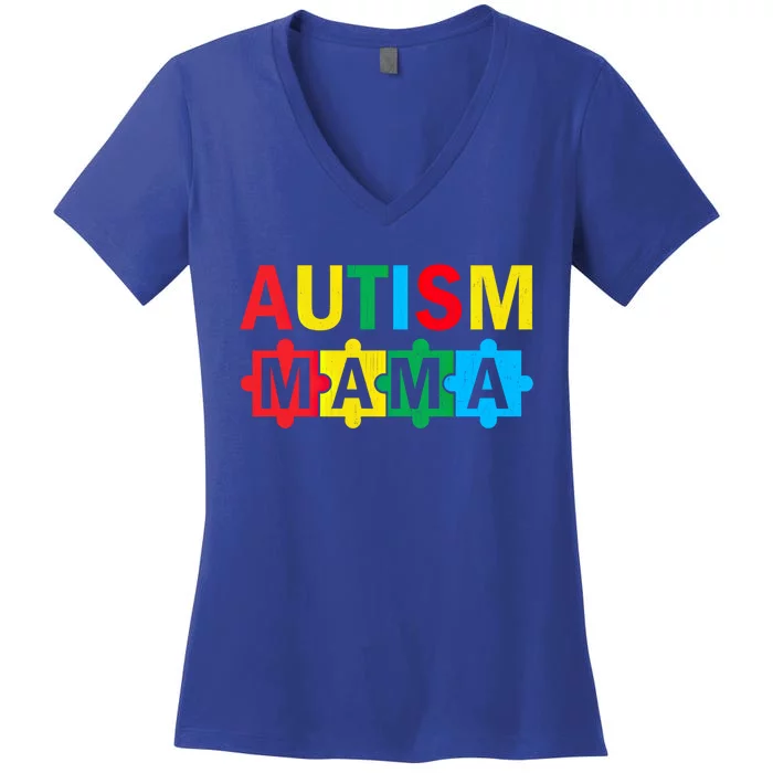 Autism Awareness Puzzle Ribbon Proud Autism Mama Funny Gift Women's V-Neck T-Shirt