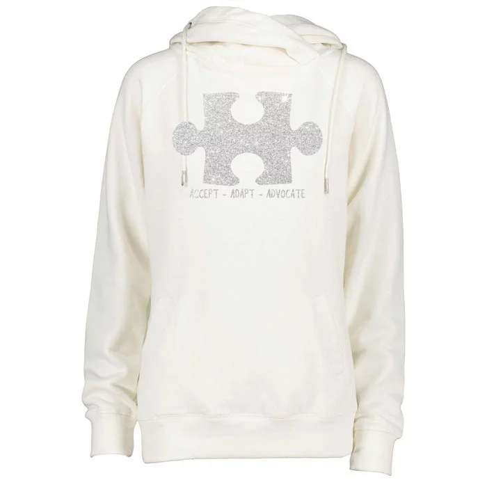 Autism Awareness Puzzle Accept Adapt Advocate Womens Funnel Neck Pullover Hood