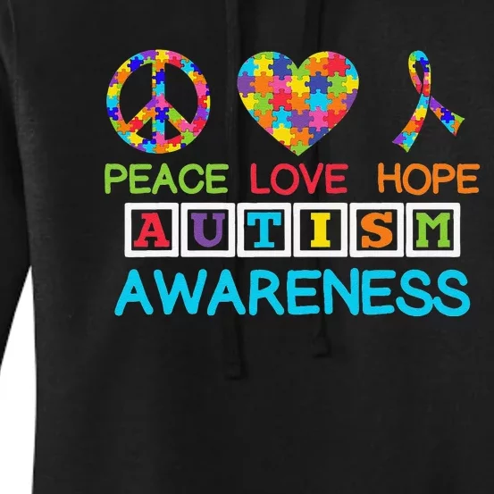 Autism Awareness Peace Love Hope Puzzle Ribbon Women's Pullover Hoodie