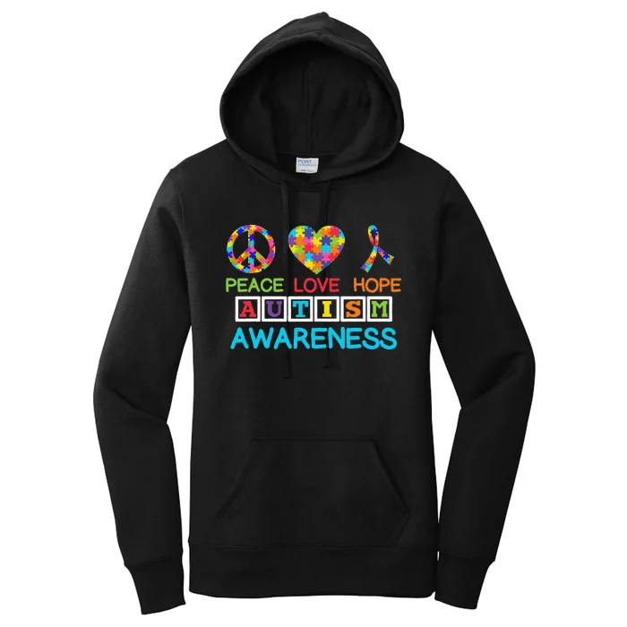 Autism Awareness Peace Love Hope Puzzle Ribbon Women's Pullover Hoodie