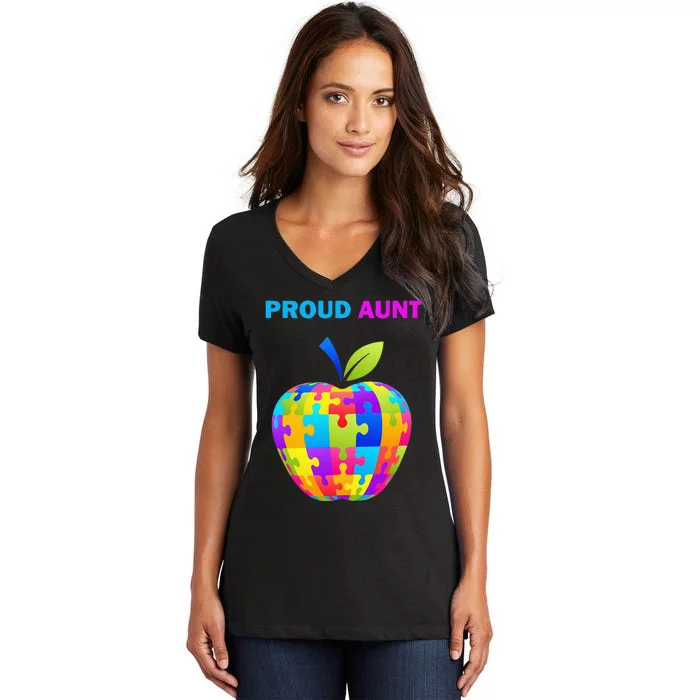 Autism Awareness Proud Aunt; Auntie; Women's V-Neck T-Shirt