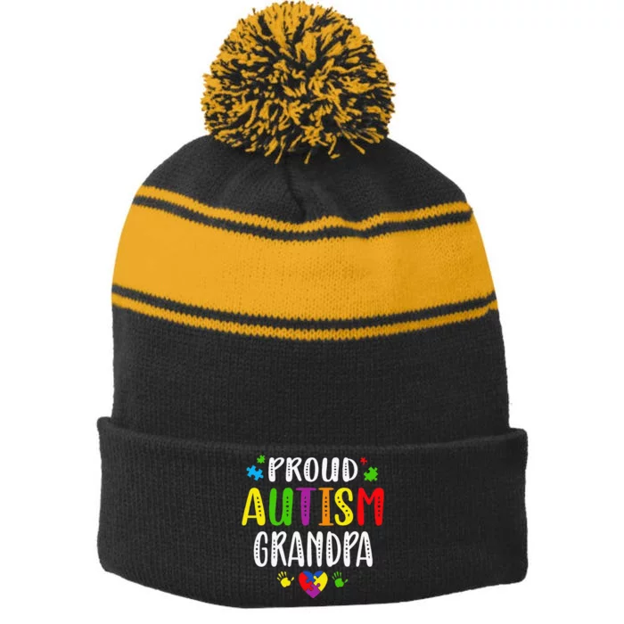 Autism Awareness Proud Autism Grandpa Hand Heart Puzzle Stripe Pom Pom Beanie