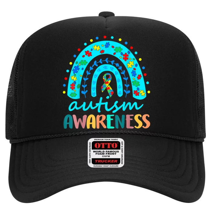 Autism Awareness Rainbow Puzzle Autism Awareness Month High Crown Mesh Trucker Hat