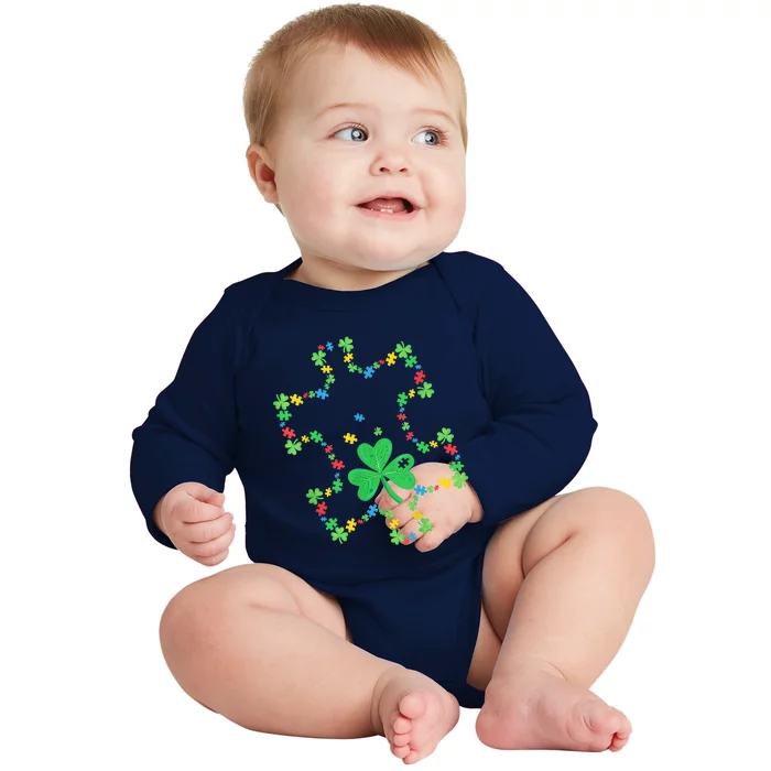 Autism Awareness Rainbow Puzzle Shamrock St Patrick's Day Baby Long Sleeve Bodysuit