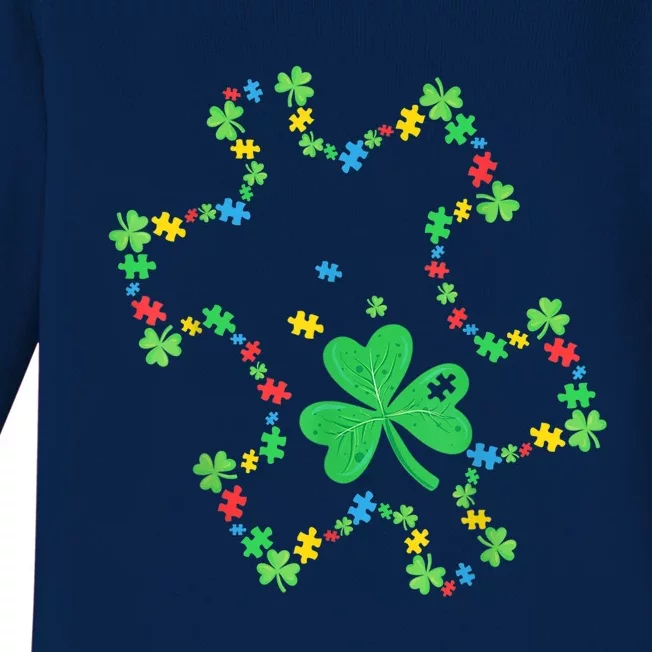 Autism Awareness Rainbow Puzzle Shamrock St Patrick's Day Baby Long Sleeve Bodysuit