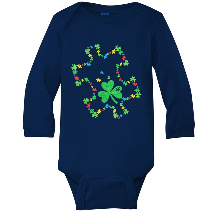 Autism Awareness Rainbow Puzzle Shamrock St Patrick's Day Baby Long Sleeve Bodysuit