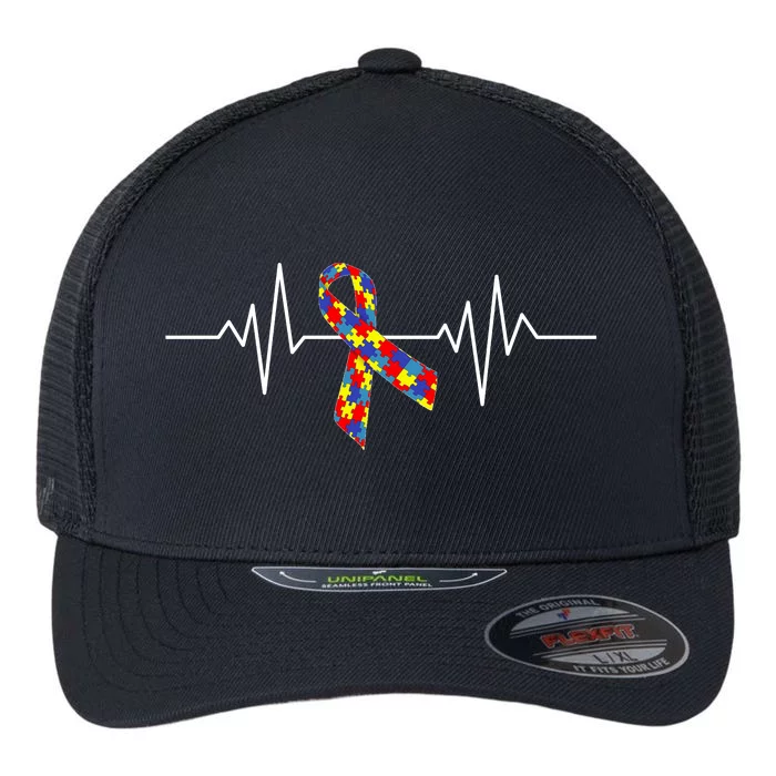 Autism Awareness Ribbon Heartbeat Flexfit Unipanel Trucker Cap