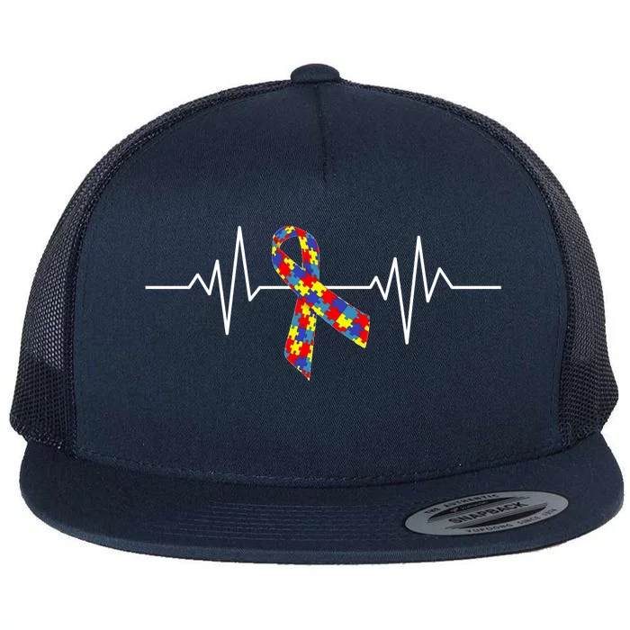 Autism Awareness Ribbon Heartbeat Flat Bill Trucker Hat