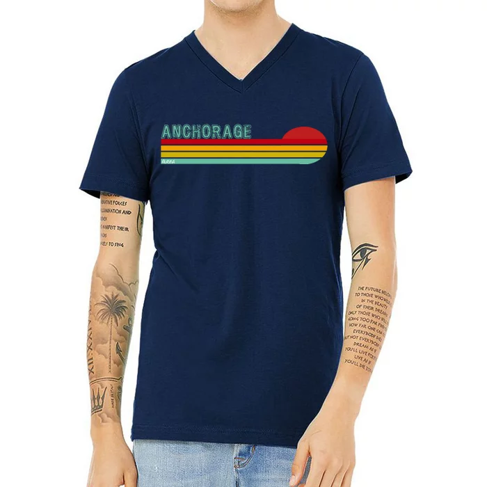 Anchorage Alaska Retro Sunset V-Neck T-Shirt