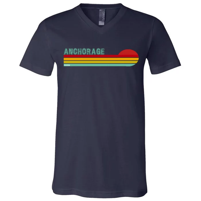 Anchorage Alaska Retro Sunset V-Neck T-Shirt