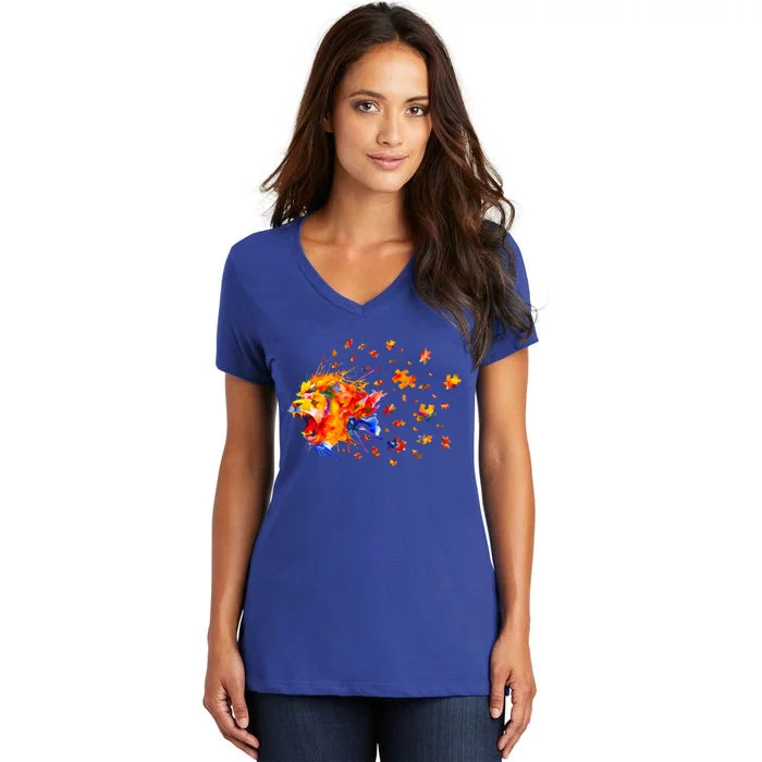 Autism Awareness Roar Cute Lion Puzzle Gift Women's V-Neck T-Shirt