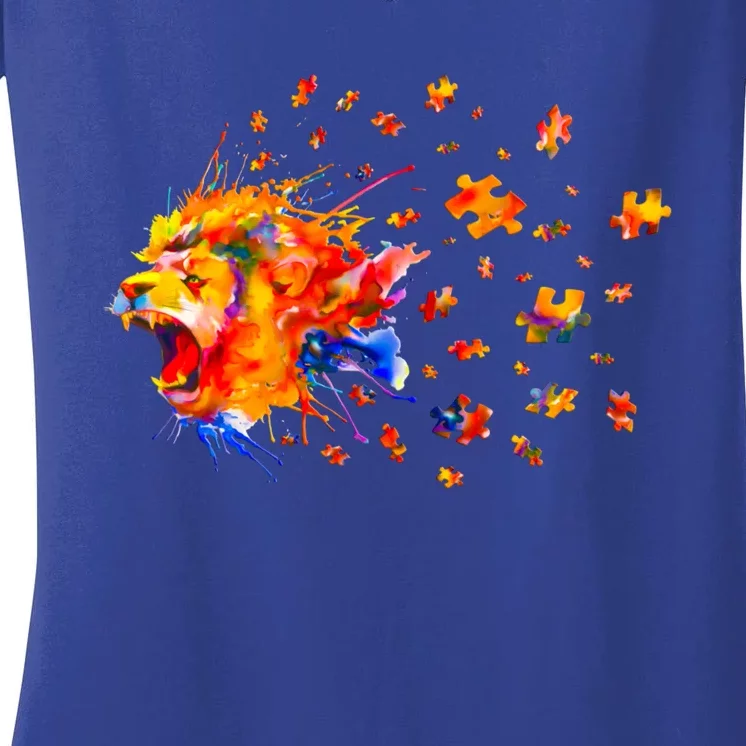 Autism Awareness Roar Cute Lion Puzzle Gift Women's V-Neck T-Shirt