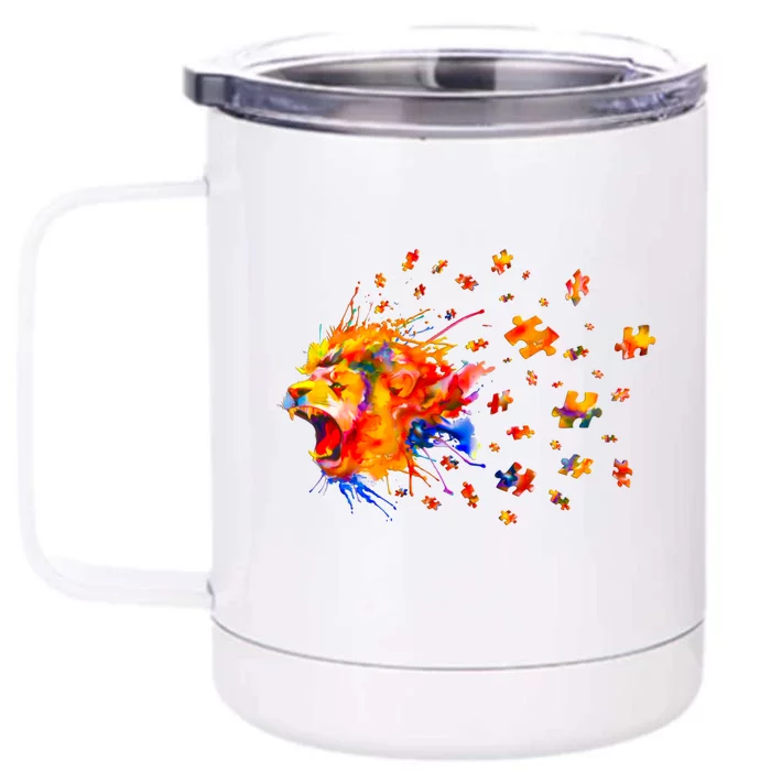 Autism Awareness Roar Cute Lion Puzzle Gift Front & Back 12oz Stainless Steel Tumbler Cup