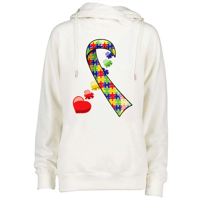 Autism Awareness Ribbon With Cute Puzzle Hearts Womens Funnel Neck Pullover Hood