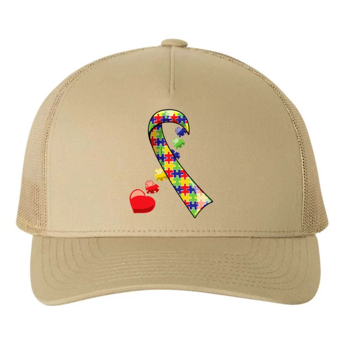 Autism Awareness Ribbon With Cute Puzzle Hearts Yupoong Adult 5-Panel Trucker Hat