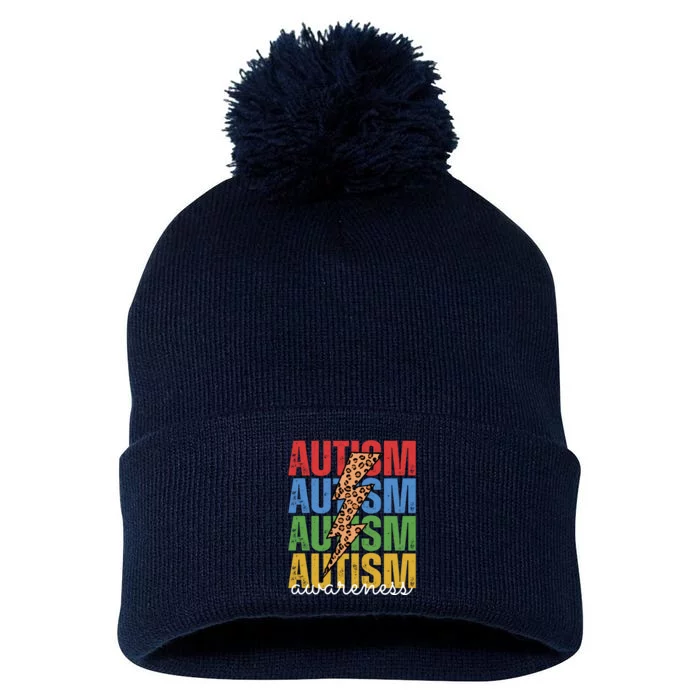 Autism Awareness Retro Cheetah Lightning Pom Pom 12in Knit Beanie