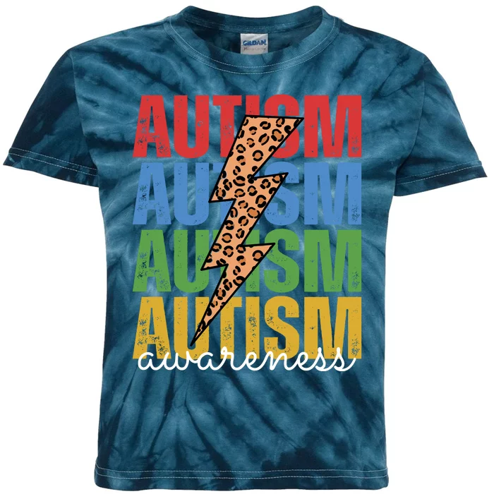 Autism Awareness Retro Cheetah Lightning Kids Tie-Dye T-Shirt