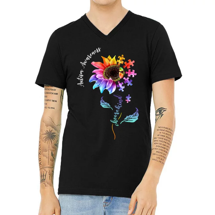 Autism Awareness Rainbow Sunflower V-Neck T-Shirt