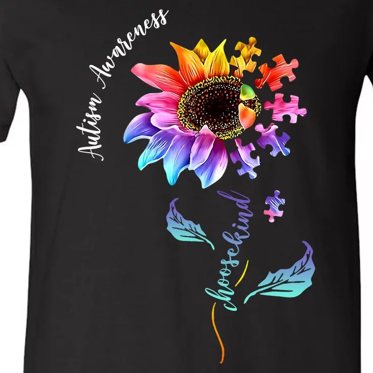 Autism Awareness Rainbow Sunflower V-Neck T-Shirt