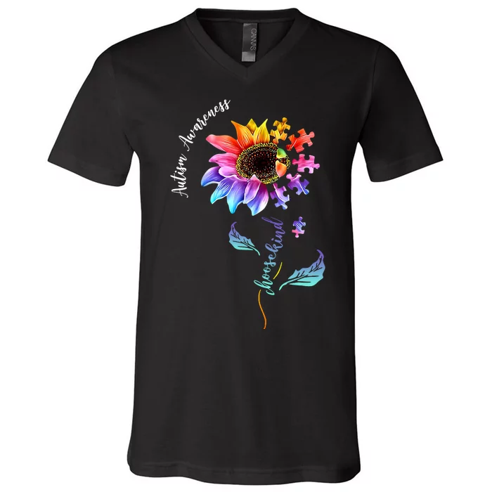 Autism Awareness Rainbow Sunflower V-Neck T-Shirt