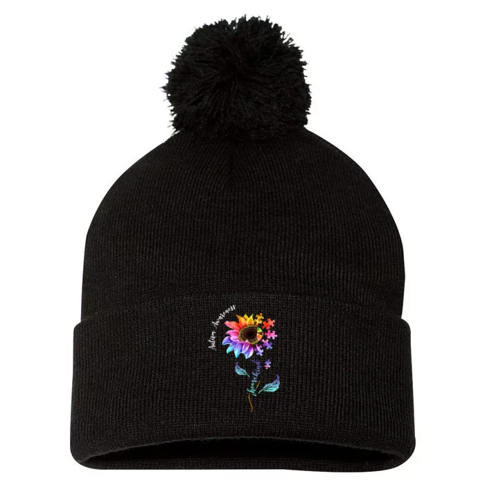 Autism Awareness Rainbow Sunflower Pom Pom 12in Knit Beanie