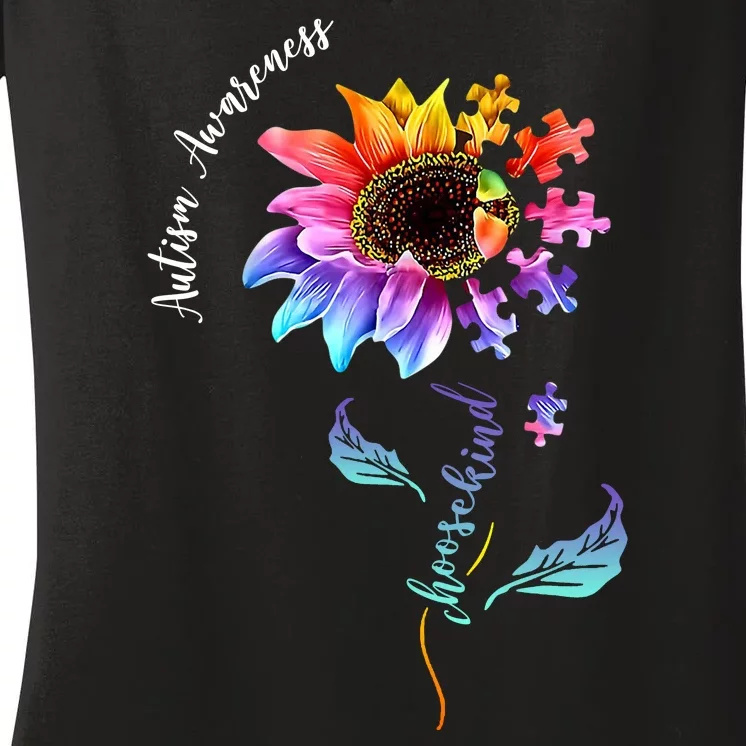 Autism Awareness Rainbow Sunflower Women's V-Neck T-Shirt