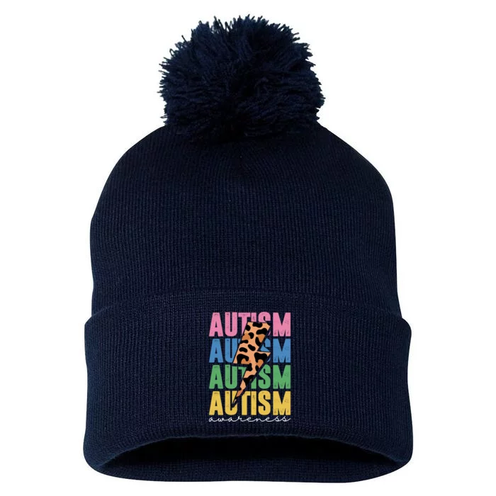 Autism Awareness Retro Cheetah Pom Pom 12in Knit Beanie