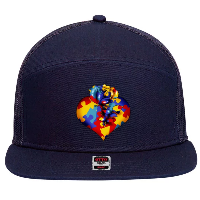 Autism Awareness Rose Heart 7 Panel Mesh Trucker Snapback Hat