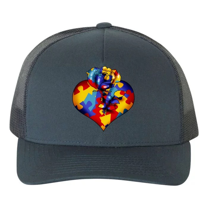 Autism Awareness Rose Heart Yupoong Adult 5-Panel Trucker Hat