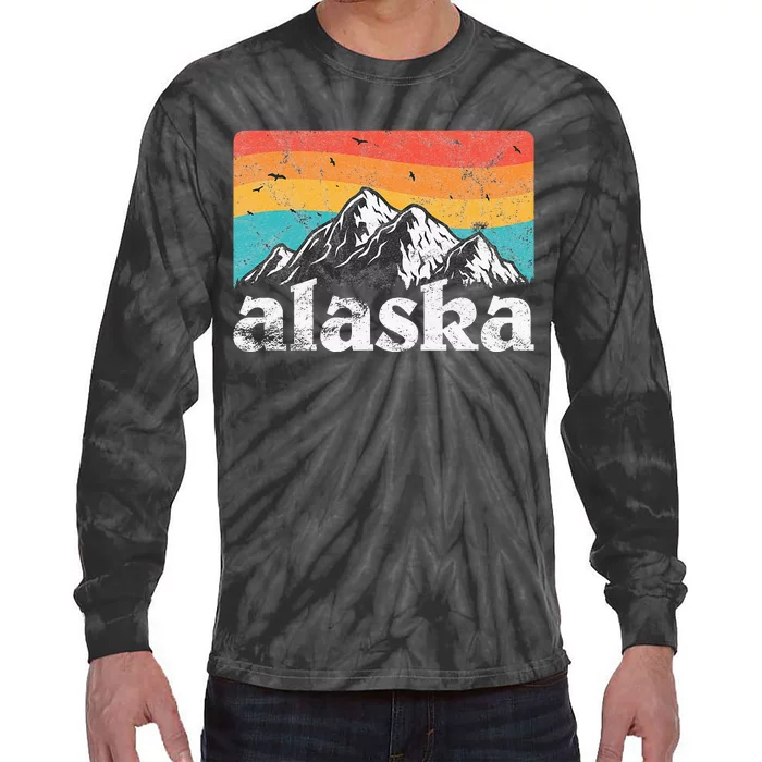 Alaska AK Retro 70s 80s Mountains Nature Distressed Tie-Dye Long Sleeve Shirt