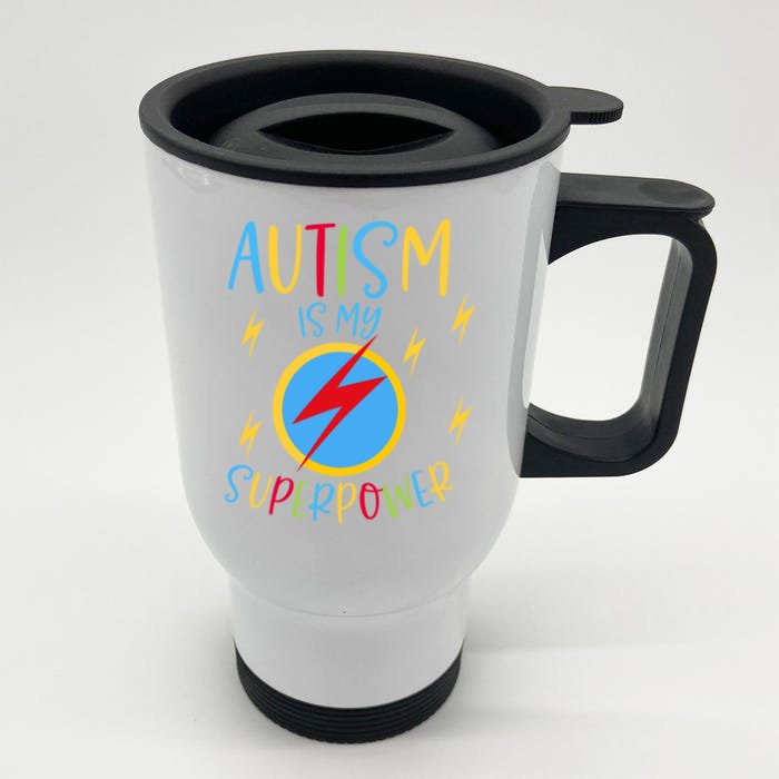 Autism Awareness Ribbon Is My Superpower Meaningful Gift Front & Back Stainless Steel Travel Mug