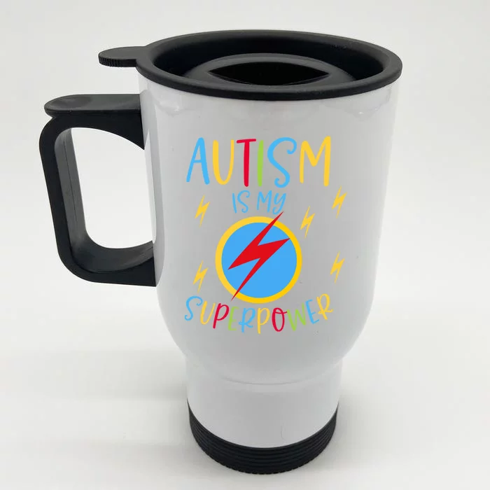 Autism Awareness Ribbon Is My Superpower Meaningful Gift Front & Back Stainless Steel Travel Mug